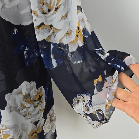 LAURA Women's Semi Sheer Blouse Top Blue Large White Floral Print Flowy Size XL - Picture 3 of 15